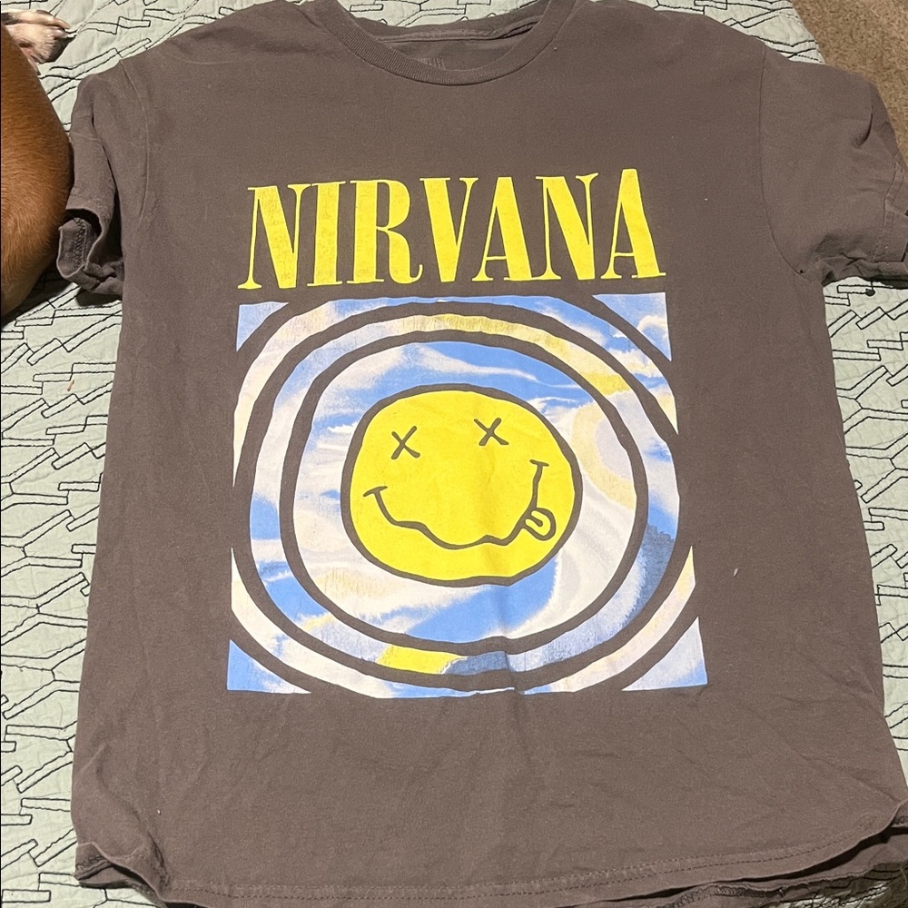 NIRVANA Charcoal Tee with Yellow and Blue Graphic